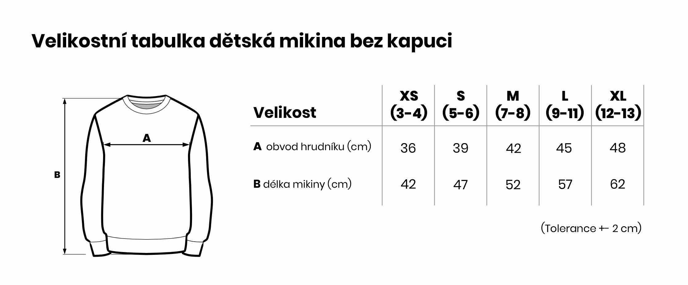 Velikostní tabulka dětská mikina bez kapuci